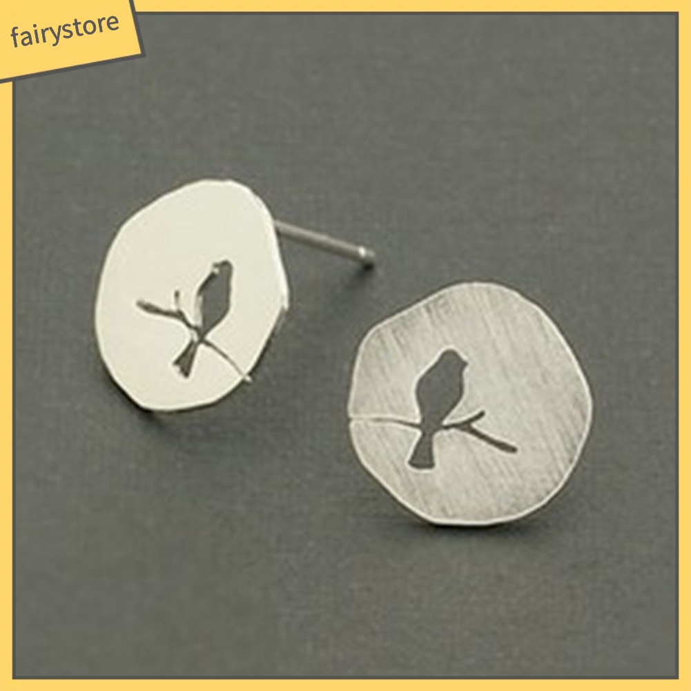 Bông Tai Mạ Bạc Hình Cành Cây / Chú Chim Rỗng Phong Cách Vintage