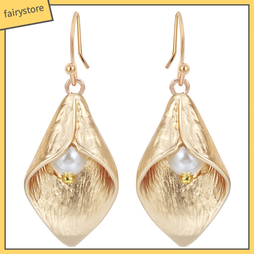 Bông Tai Móc Treo Hình Hoa Lily Đính Ngọc Trai Giả Cho Nữ