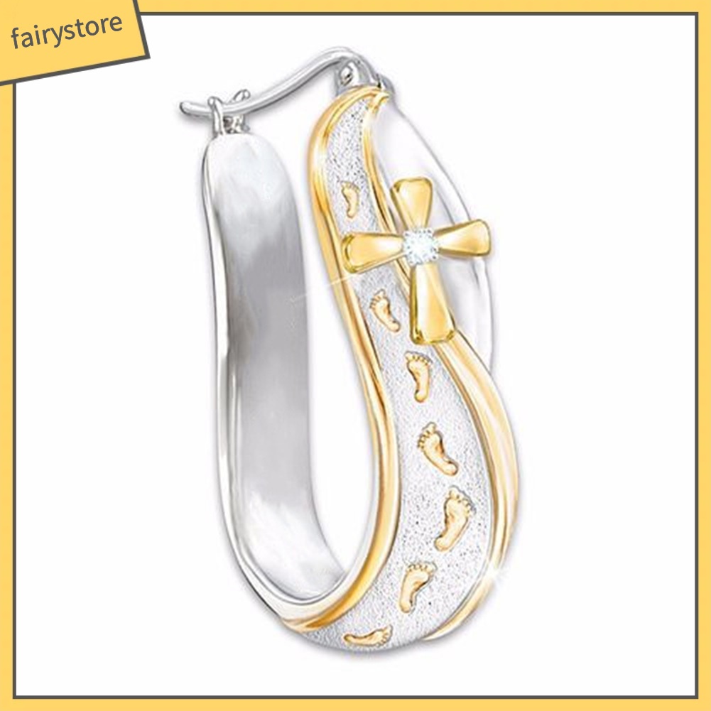 [FRO] Khuyên Tai Vòng Đính Đá Hình Dấu Chân Chữ Thập Hai Màu Thời Trang Cho Nữ