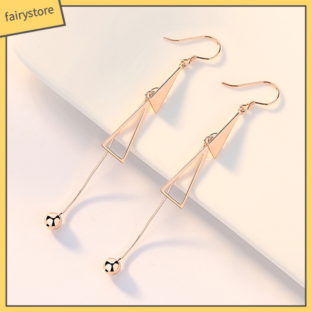 Đôi Bông Tai Hình Tam Giác Dáng Dài Gắn Hai Quả Bông Thời Trang Cho Nữ