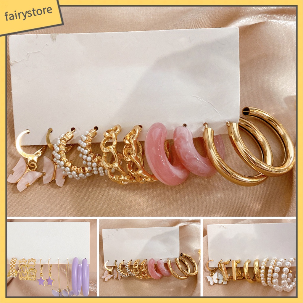 Set 5 Đôi Bông Tai Hình Tròn Họa Tiết Hình Học Thời Trang Cho Nữ