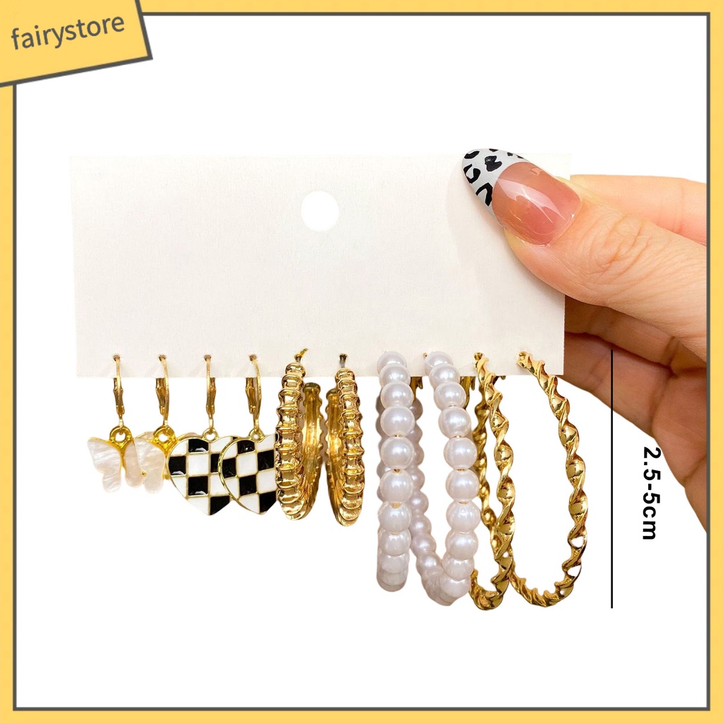 Set 5 Đôi Bông Tai Dạng Vòng Hình Học Họa Tiết Kẻ Ô / Trái Tim / Bướm / Ngọc Trai Giả Màu Trắng Đen Thời Trang Cho