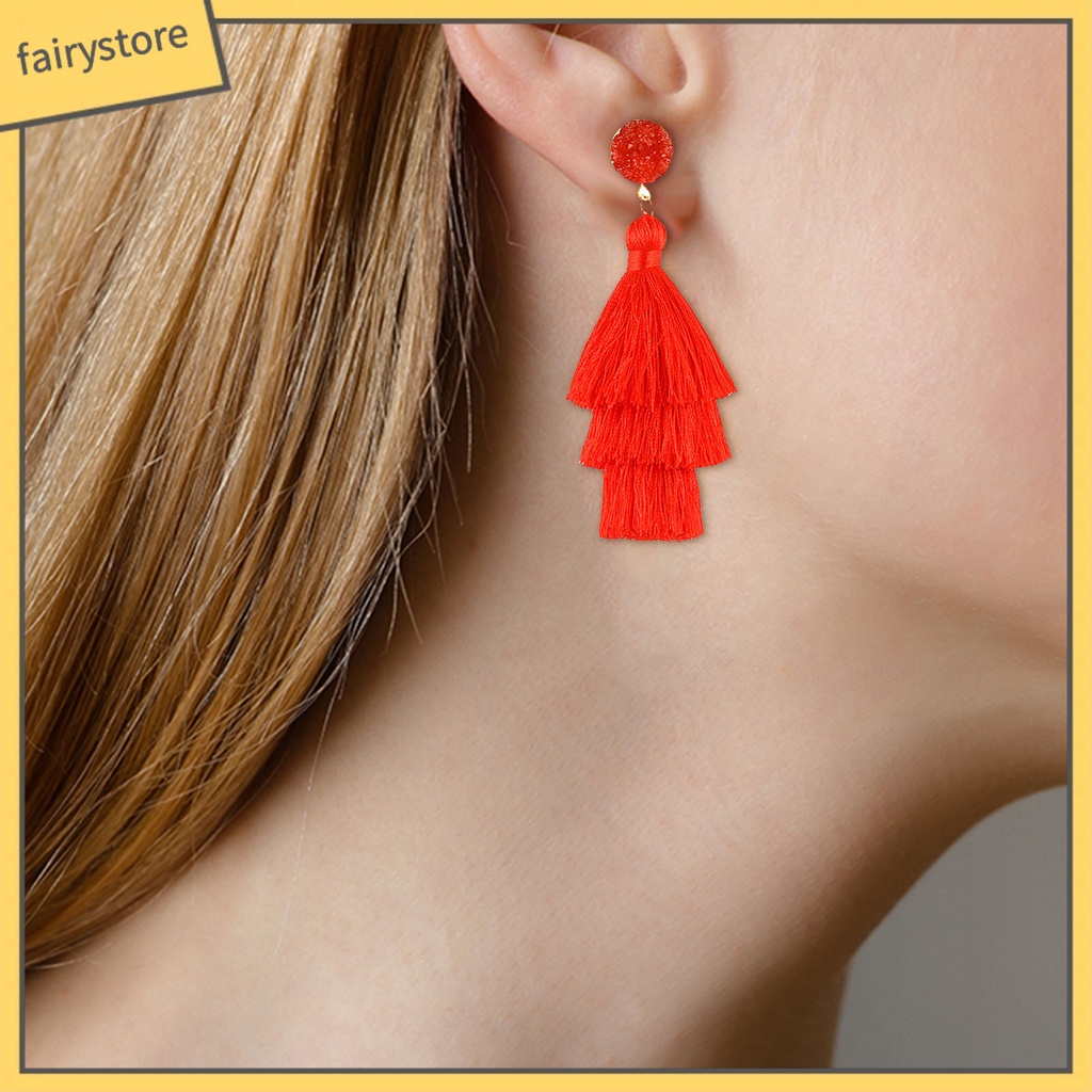 1 Đôi Bông Tai Ba Lớp Tua Rua Thời Trang Dành Cho Nữ