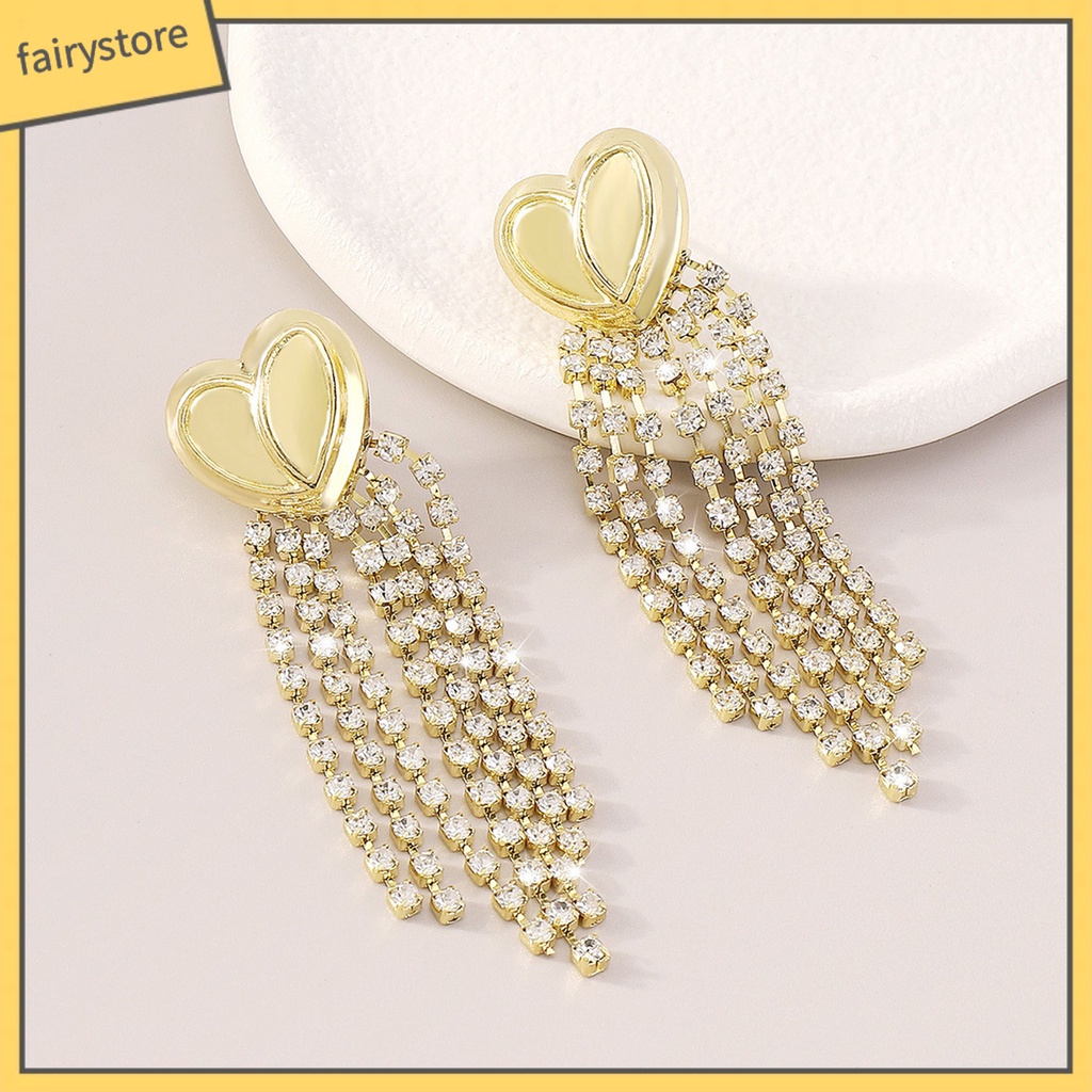 1 Đôi Bông Tai Dài Tua Rua Hình Trái Tim Đính Đá Kiểu Pháp