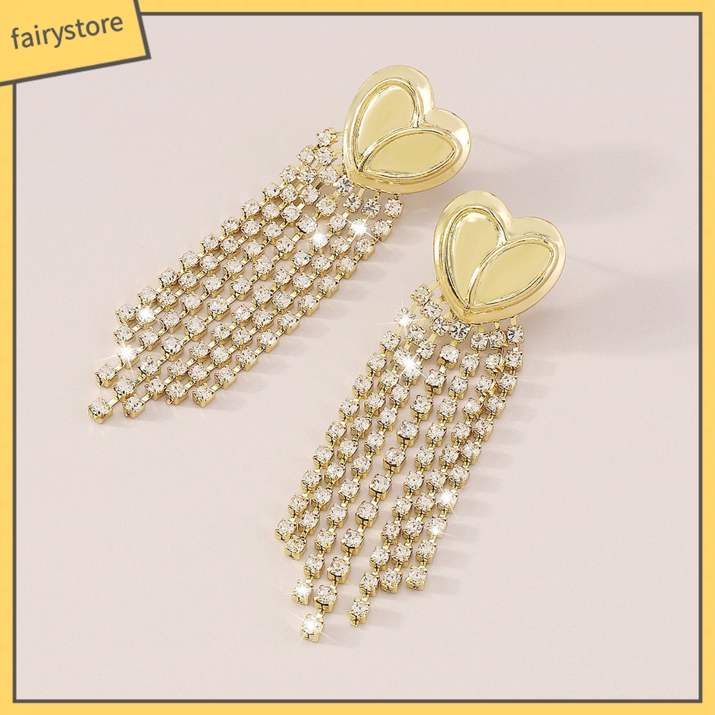1 Đôi Bông Tai Dài Tua Rua Hình Trái Tim Đính Đá Kiểu Pháp