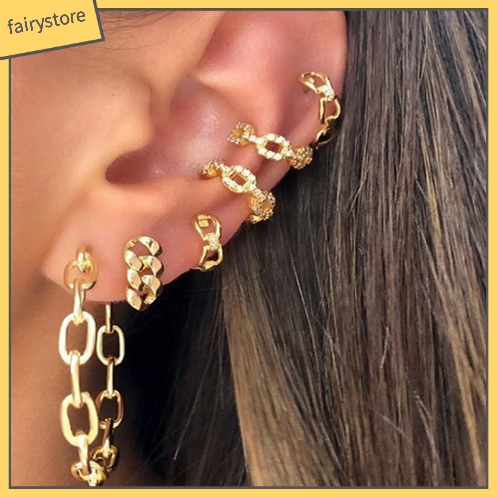 Set 6 Khuyên Tai Dây Xích Dáng Chữ C Phong Cách Punk Cá Tính Cho Nữ