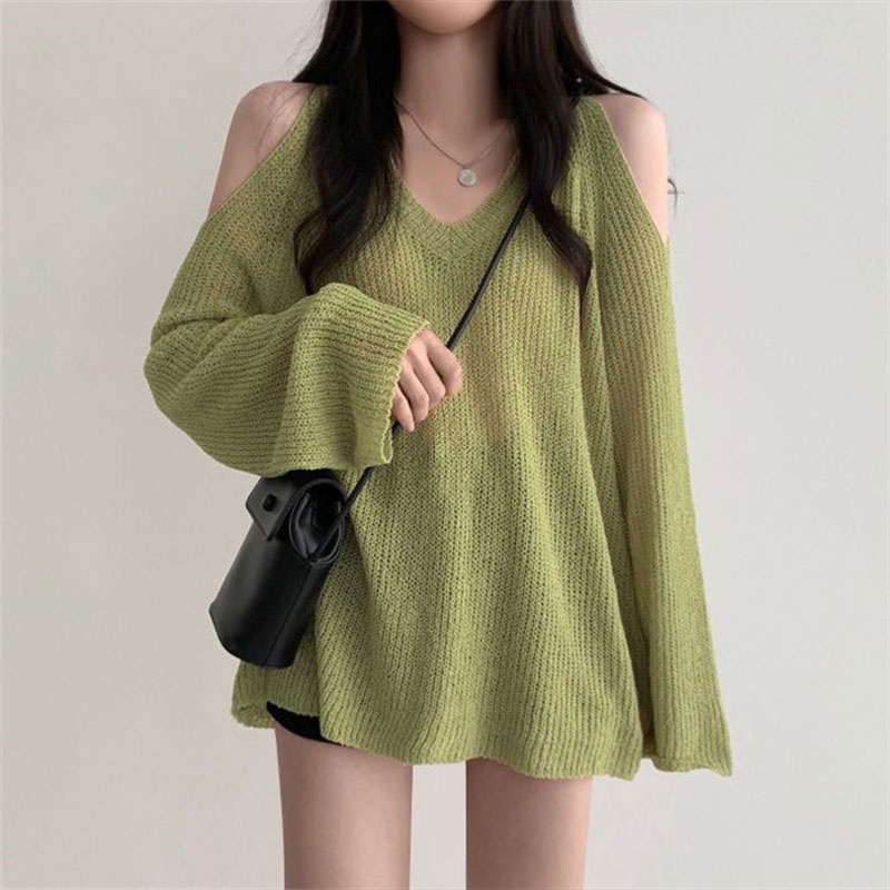 Áo sweatshirt XINLANYASHE tay dài trễ vai cổ chữ V dáng rộng phong cách ngọt ngào thời trang chống nắng