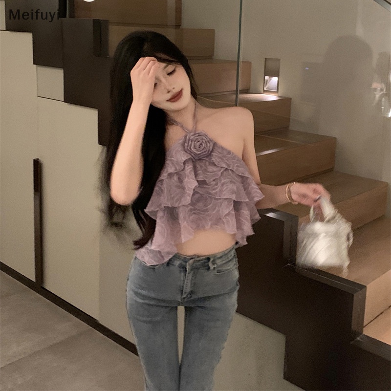 [Meifuyi] Áo Crop Top Dáng Ôm Ghép Vải Hoa Hồng Xếp Nếp Không Đối Xứng