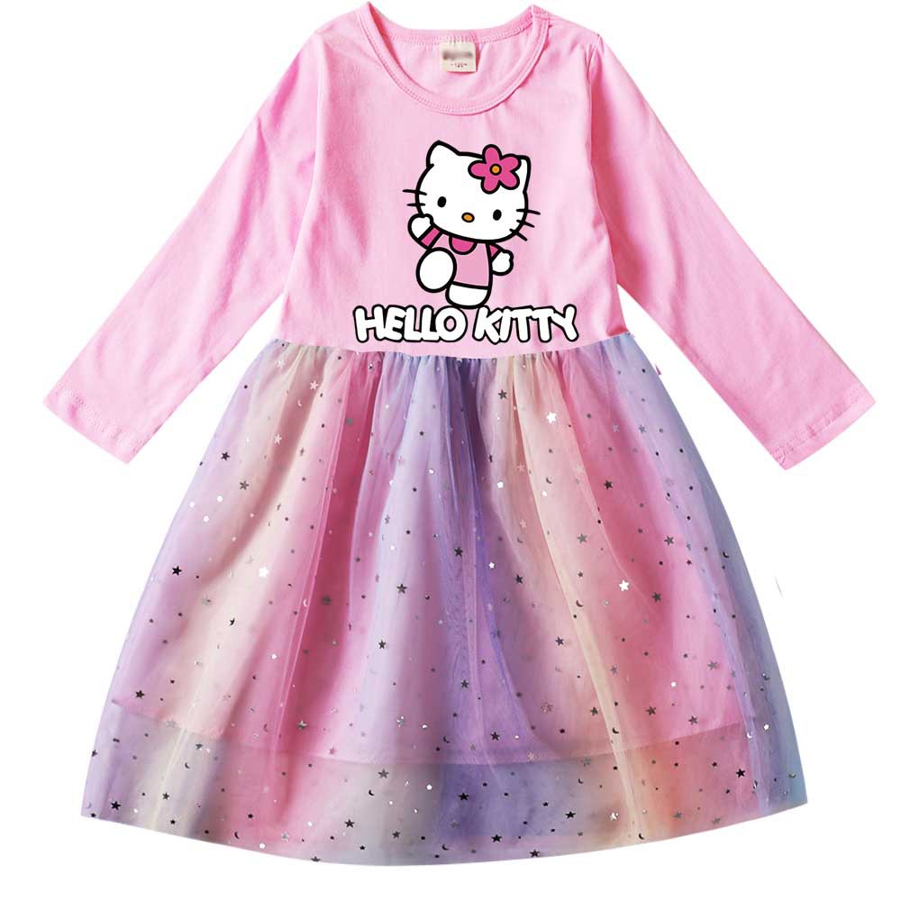 Đầm Tay Dài In Hình Hello Kitty Lấp Lánh Thời Trang Cho Bé Gái