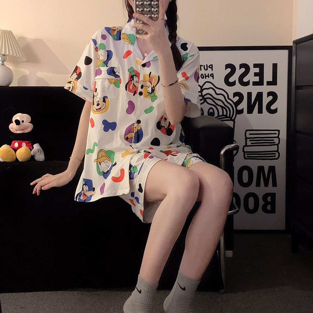 Bộ Đồ Ngủ Tay Ngắn Dáng Rộng In Họa Tiết Hoạt Hình Mickey Dễ Thương Thời Trang Mùa Hè Cho Nữ