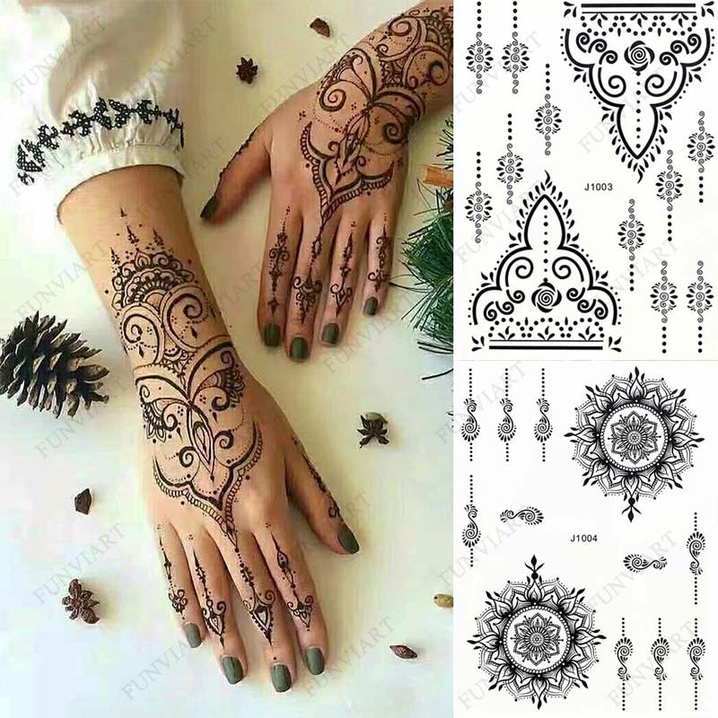 Hình Xăm Dán Tạm Thời Henna Màu Đen Họa Tiết Ren Hoa Cho Nữ