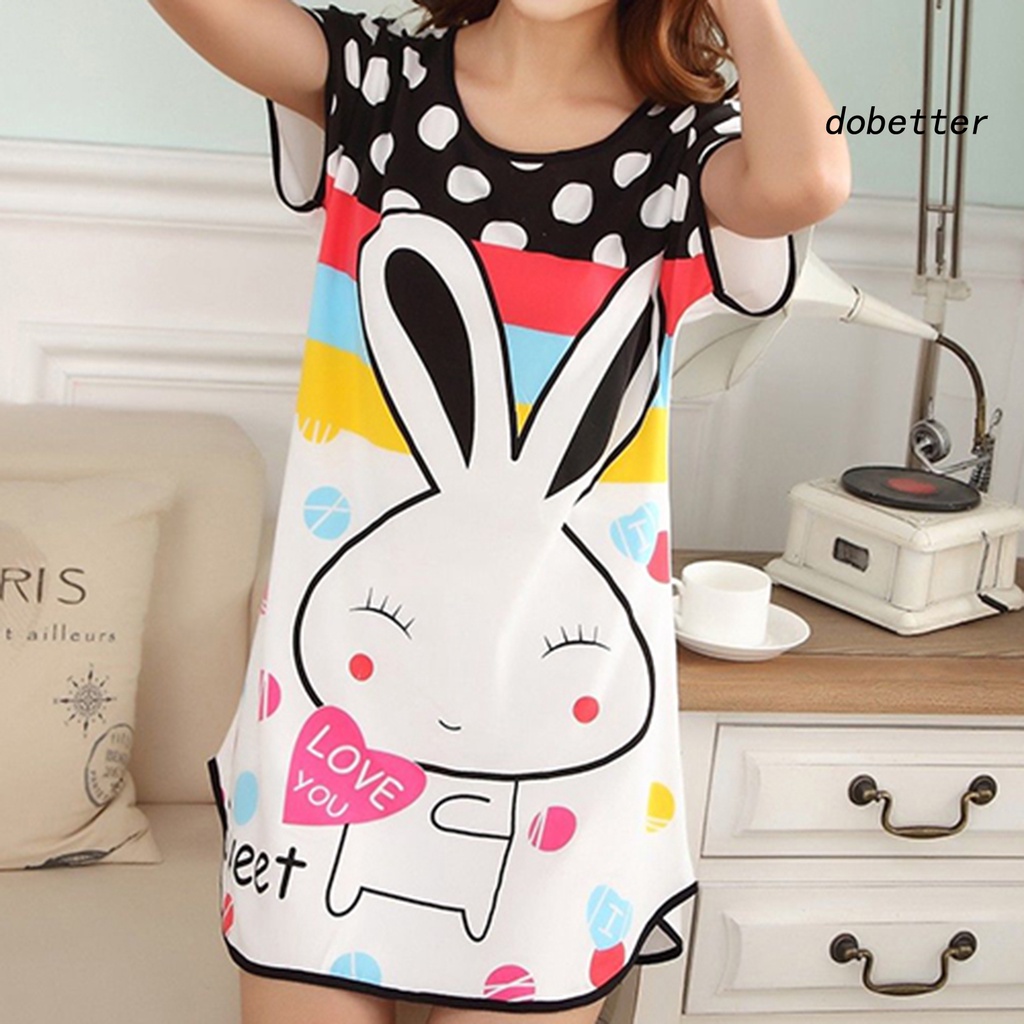 Đầm Ngủ Cotton Pha Thoáng Khí In Họa Tiết Thỏ Hoạt Hình [DO] Cho Nữ