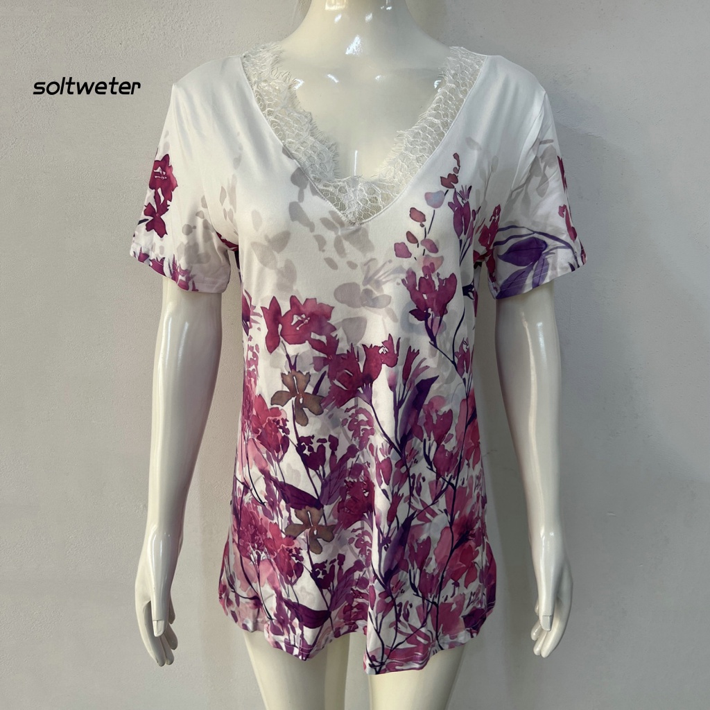 Áo Thun Tay Ngắn Cổ Chữ V Phối Ren In Họa Tiết Hoa Đơn Giản Thời Trang Đường Phố Cho Nữ
