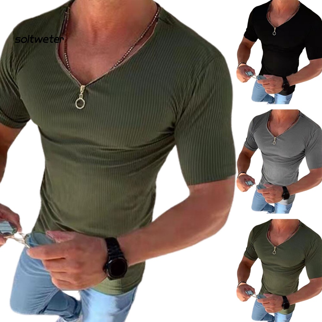 Áo Thun Cổ Tròn Màu Sắc Đơn Giản Có Khóa Kéo Thời Trang Mùa Hè Cho Nam