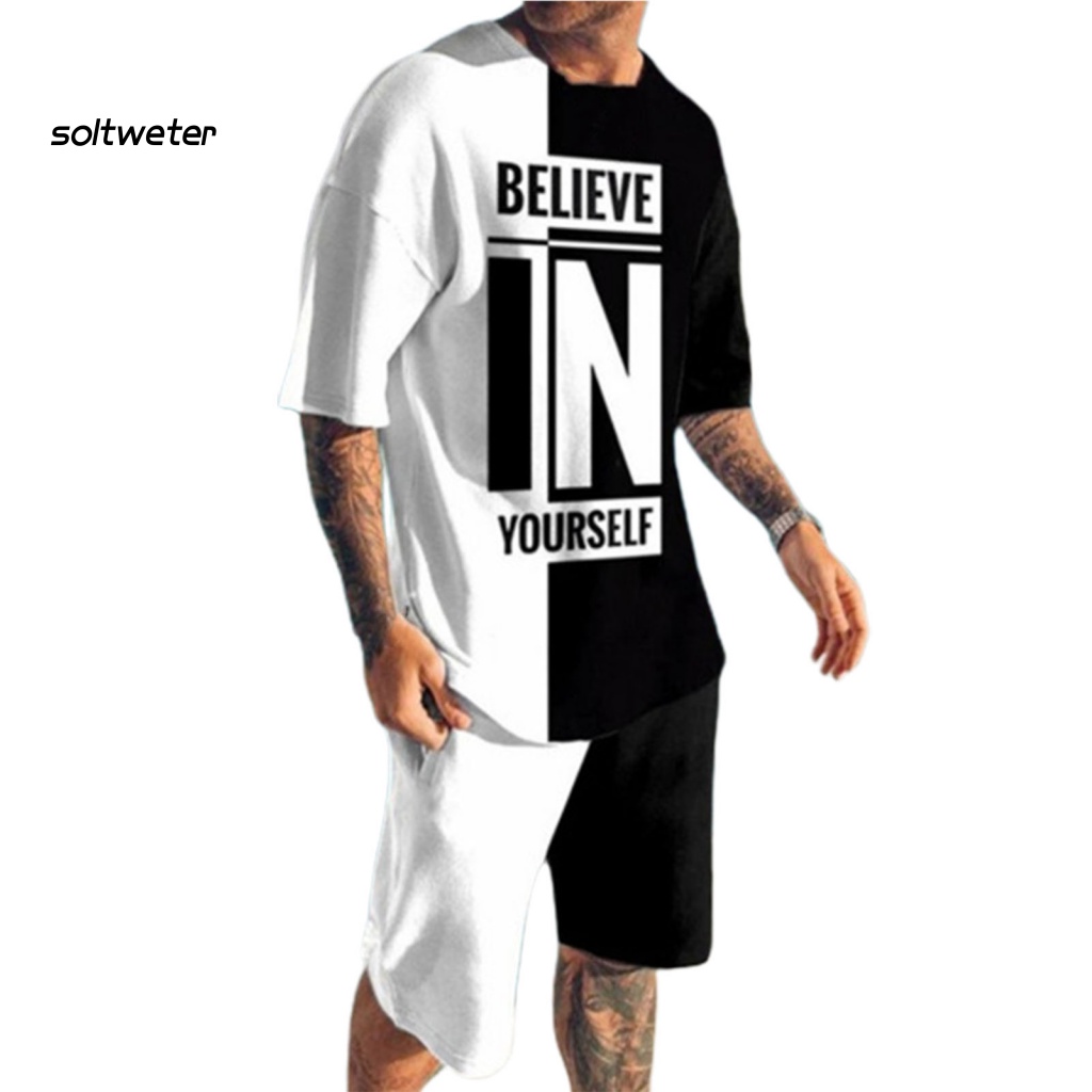 Set Đồ Mùa Hè 2 Món Gồm Áo Thun Tay Cộc Cổ Tròn Có Túi In Họa Tiết Kẻ Sọc 3D + Quần Shorts Cho Nam