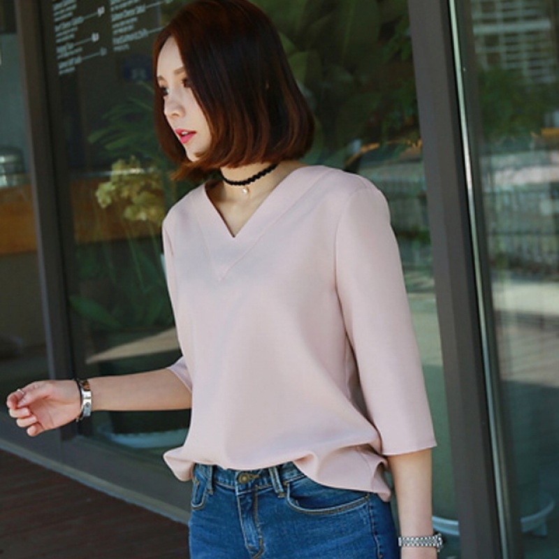 Áo Sơ Mi Chiffon Tay Ngắn Cổ Chữ V Dáng Rộng Phong Cách Hàn Quốc Thời Trang Mùa