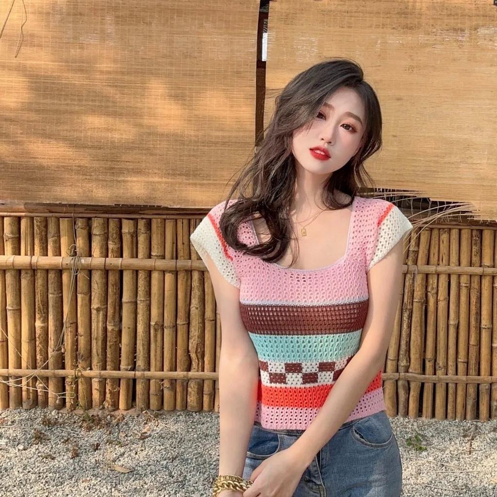 Áo Sweater Dệt Kim Cổ Vuông Tay Ngắn Phong Cách Hàn Quốc Thời Trang Mùa Hè Mới Cho Nữ