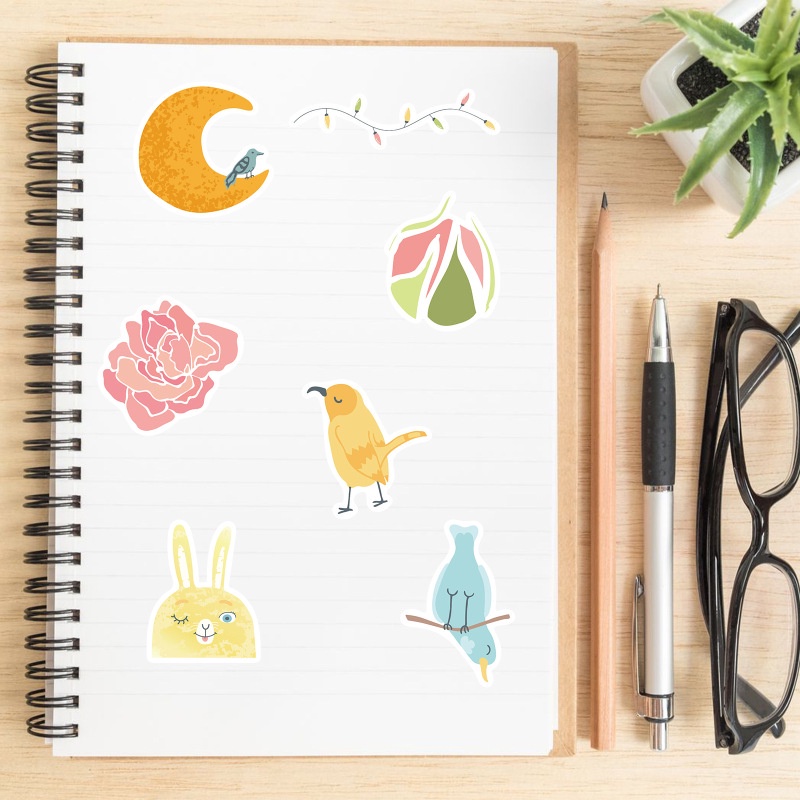 Bộ 49 Miếng Dán Họa Tiết Hoa Hướng Dương / Chim Hoạt Hình Trang Trí Sổ Tay Diy