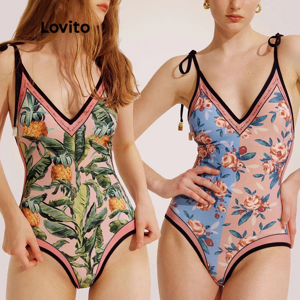 Đồ bơi một mảnh Lovito in họa tiết hoa nhí hai mặt cổ chữ V phối dây tương phản thắt dây phong cách boho cho nữ L48AD021 (màu hồng/ vàng/ đen)
