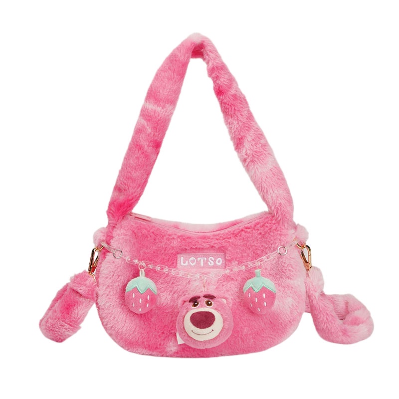 Túi Xách Đeo Vai Phối Lông Hình Trái Tim Ba Mắt Hoạt Hình Disney Dâu Tây Đáng Yêu Dành Cho Nữ