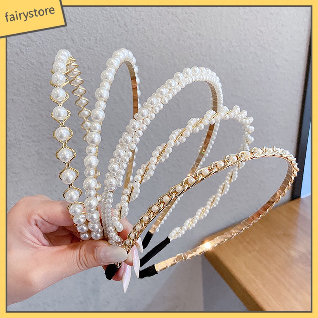 Băng Đô Cài Tóc Đính Ngọc Trai Nhân Tạo Màu Trơn Co Giãn Chống Trượt Trọng Lượng Nhẹ