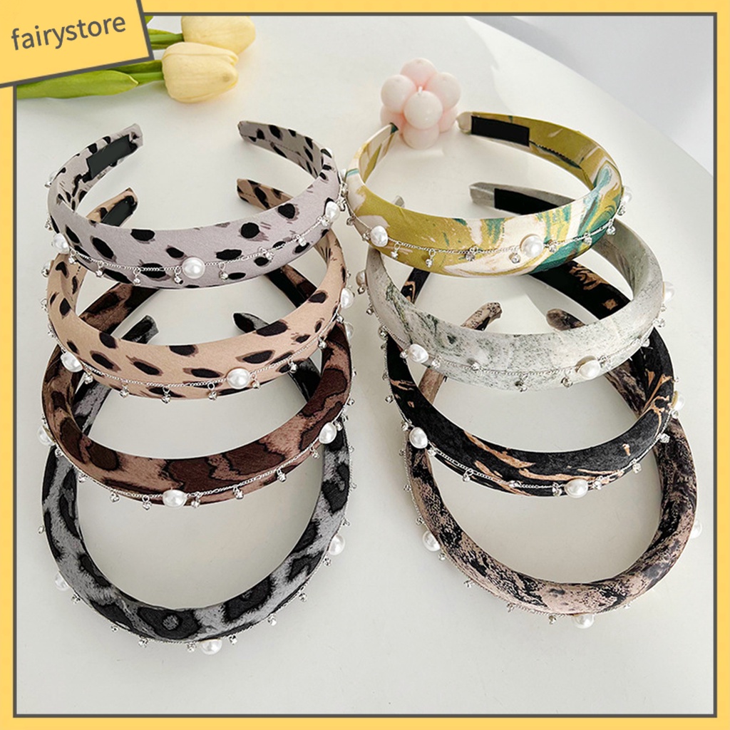 Băng Đô Cài Tóc Bản Rộng Tăng Chiều Cao Đính Đá Ngọc Trai Nhân Tạo Họa Tiết Da Báo Thời Trang Cho Nữ