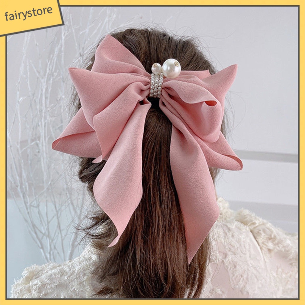 Kẹp Tóc Hình Nơ Lớn Đính Ngọc Trai Giả Màu Trơn Chống Trượt Thanh Lịch Dành Cho Nữ