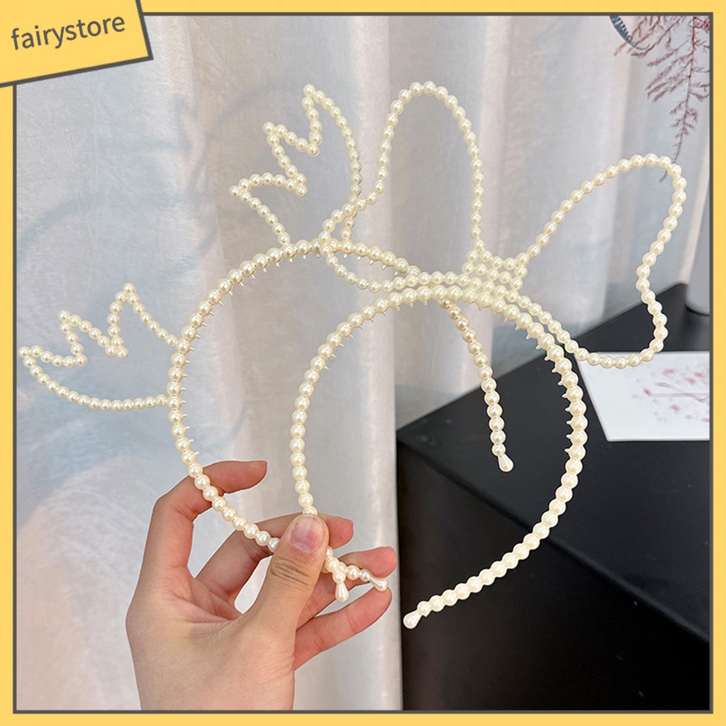 Băng Đô Hình Sừng Hươu Đính Ngọc Trai Giả Màu Trơn Co Giãn Dành Cho Nữ