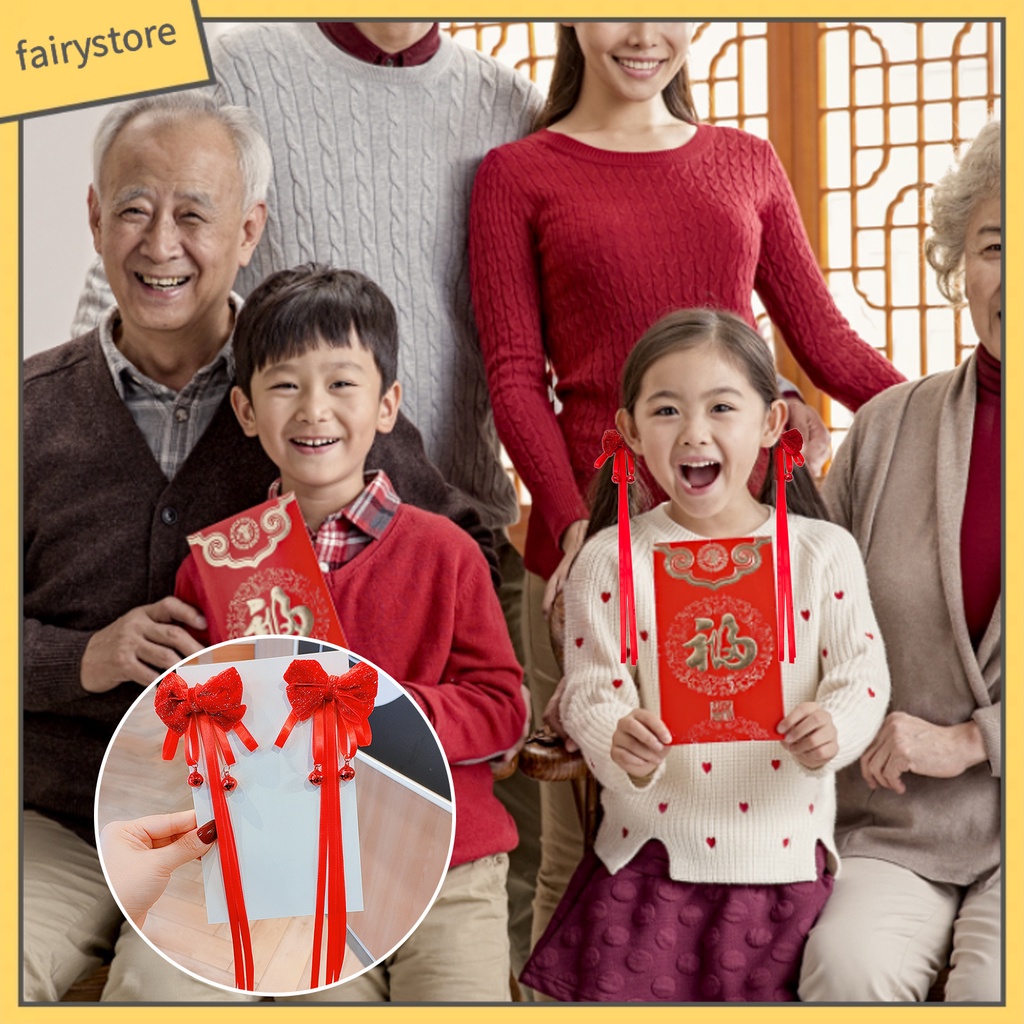 1 Cặp Kẹp Tóc Nơ Ruy Băng Dài Màu Đỏ Dễ Thương Có Chuông Thanh Lịch Dành Cho Bé Gái Mặc Trong Năm Mới