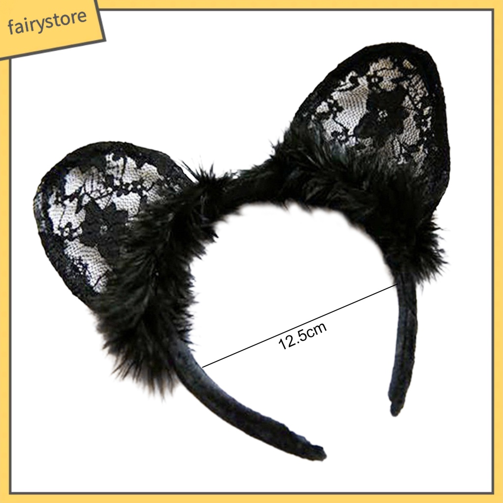 Băng Đô Cài Tóc Hình Tai Mèo Đen Phối Ren Đính Lông Vũ Chống Trượt Trang Trí Tóc