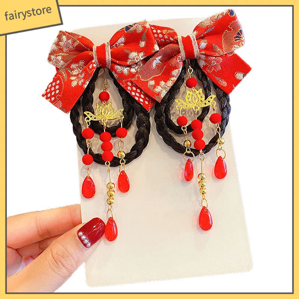 1 Cặp Kẹp Tóc Giả Đính Nơ Tua Rua Phong Cách Trung Hoa Ngọt Ngào Cho Bé Gái