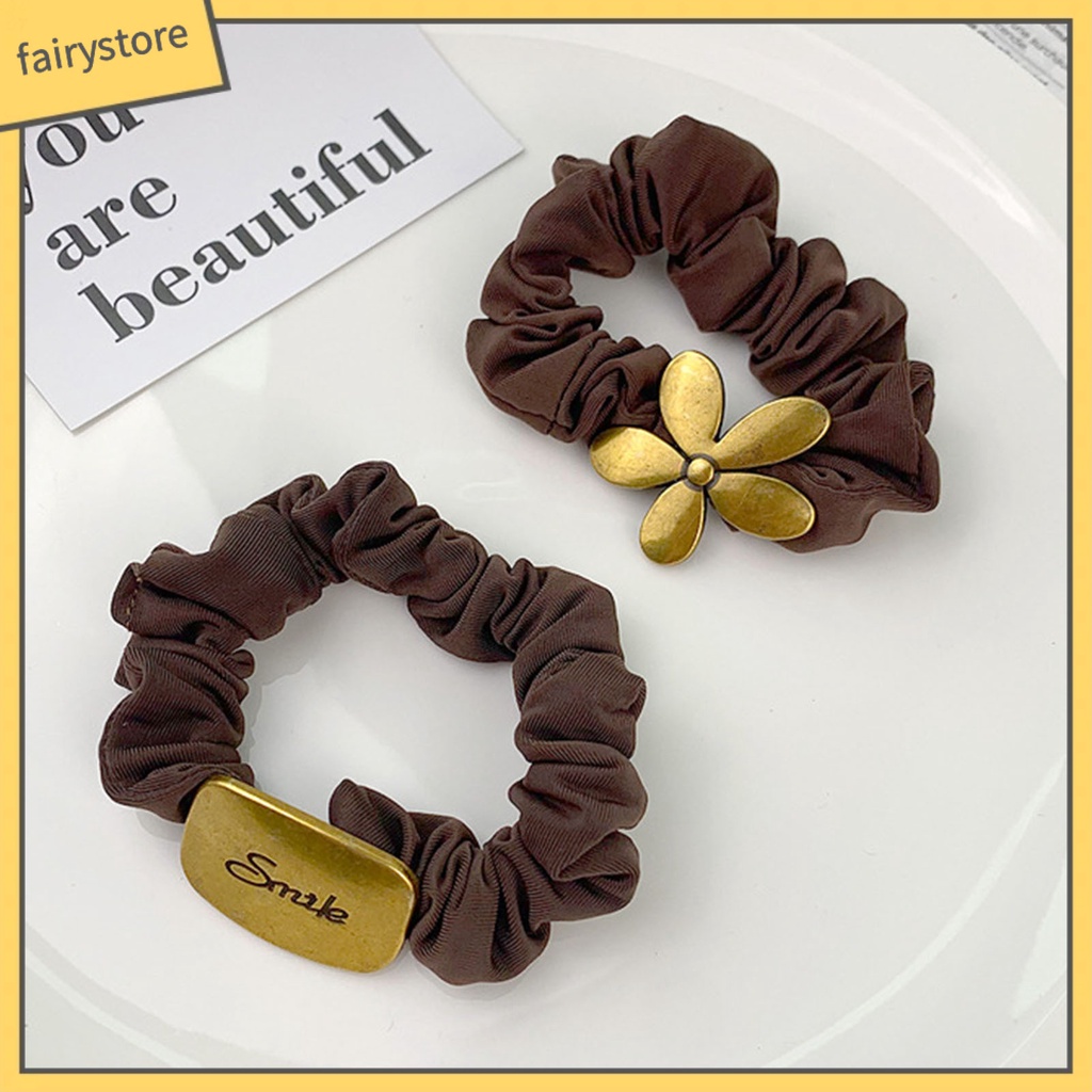 Dây Cột Tóc Co Giãn Đính Hoa Kim Loại Màu Trơn Đơn Giản Cho Nữ