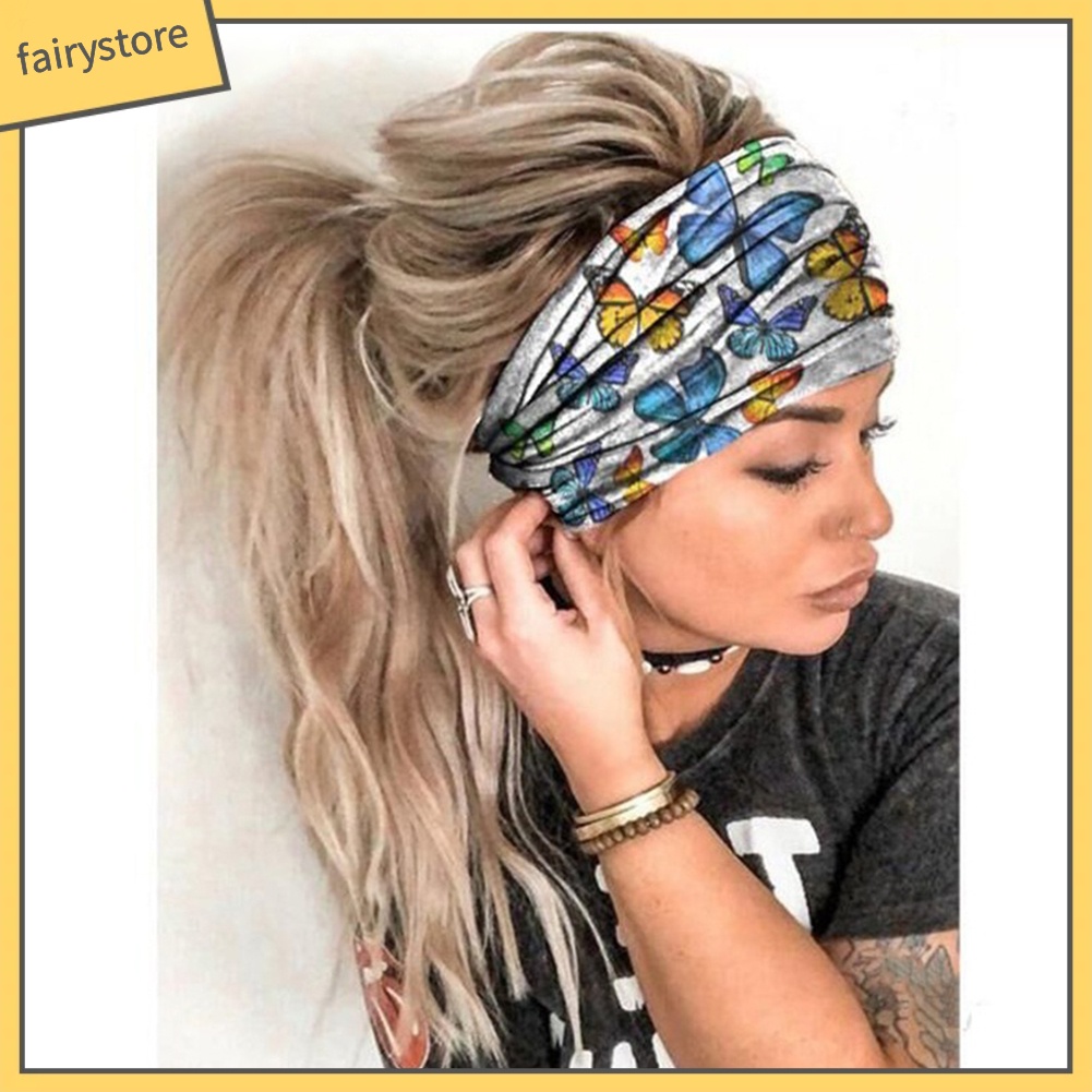 Băng Đô Cài Tóc Bản Rộng Co Giãn In Họa Tiết Hoa Lá / Bướm Thời Trang Cho Nữ