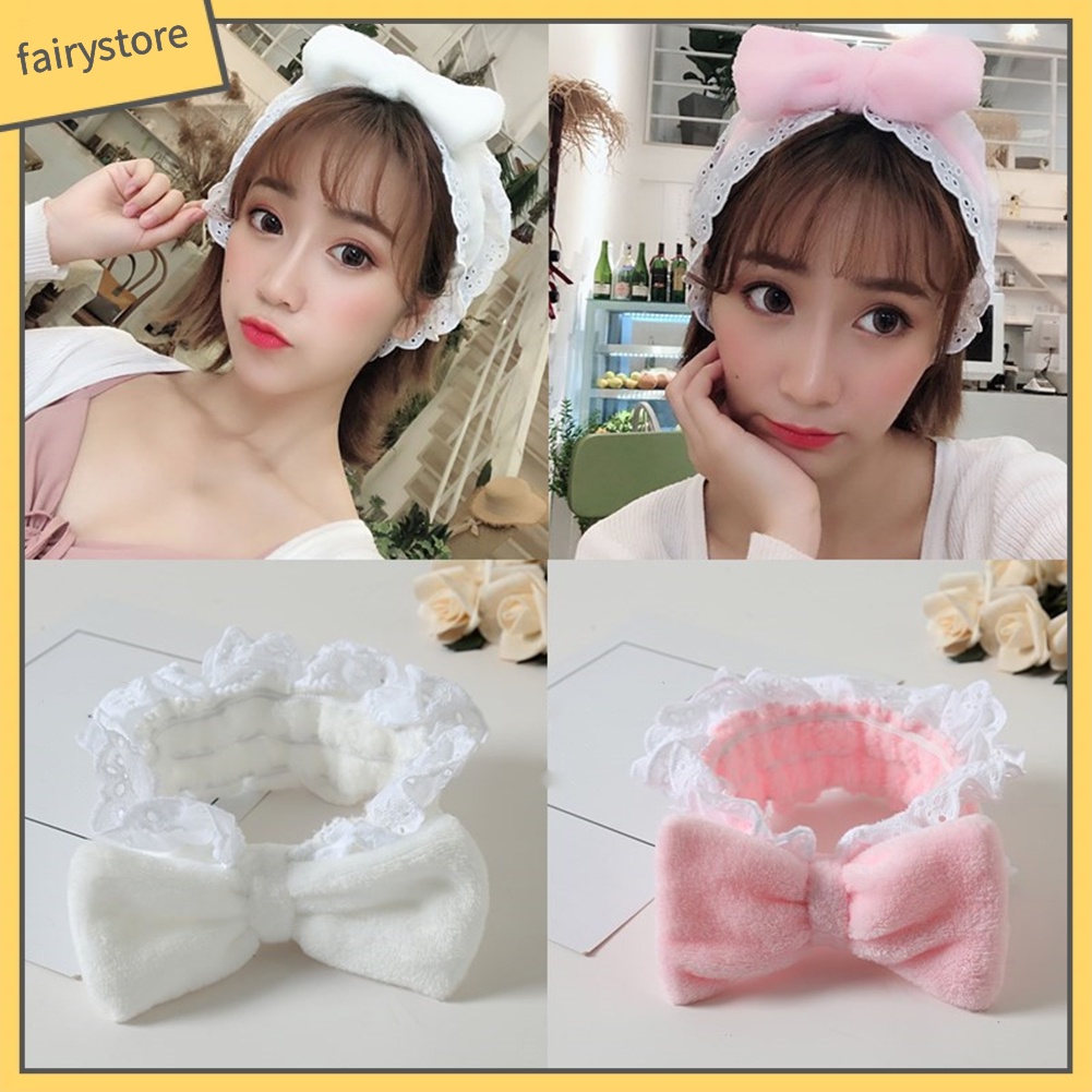 Băng Đô Rửa Mặt Trang Điểm Bằng Lông Cừu San Hô Co Giãn Cột Nơ Phối Ren Cho Nữ