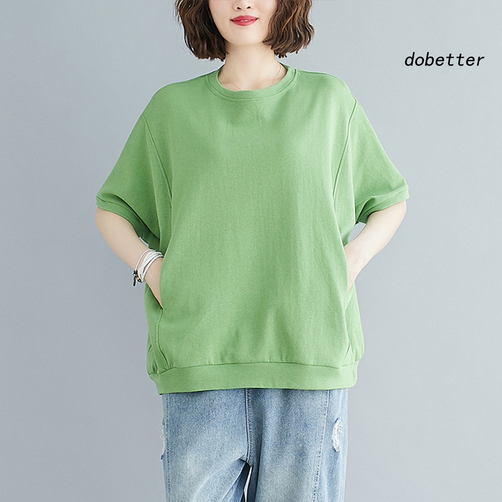 Áo Thun Tay Ngắn Cổ Tròn Hai Túi Dáng Rộng Màu Trơn Thời Trang Mùa Hè Cho Nữ