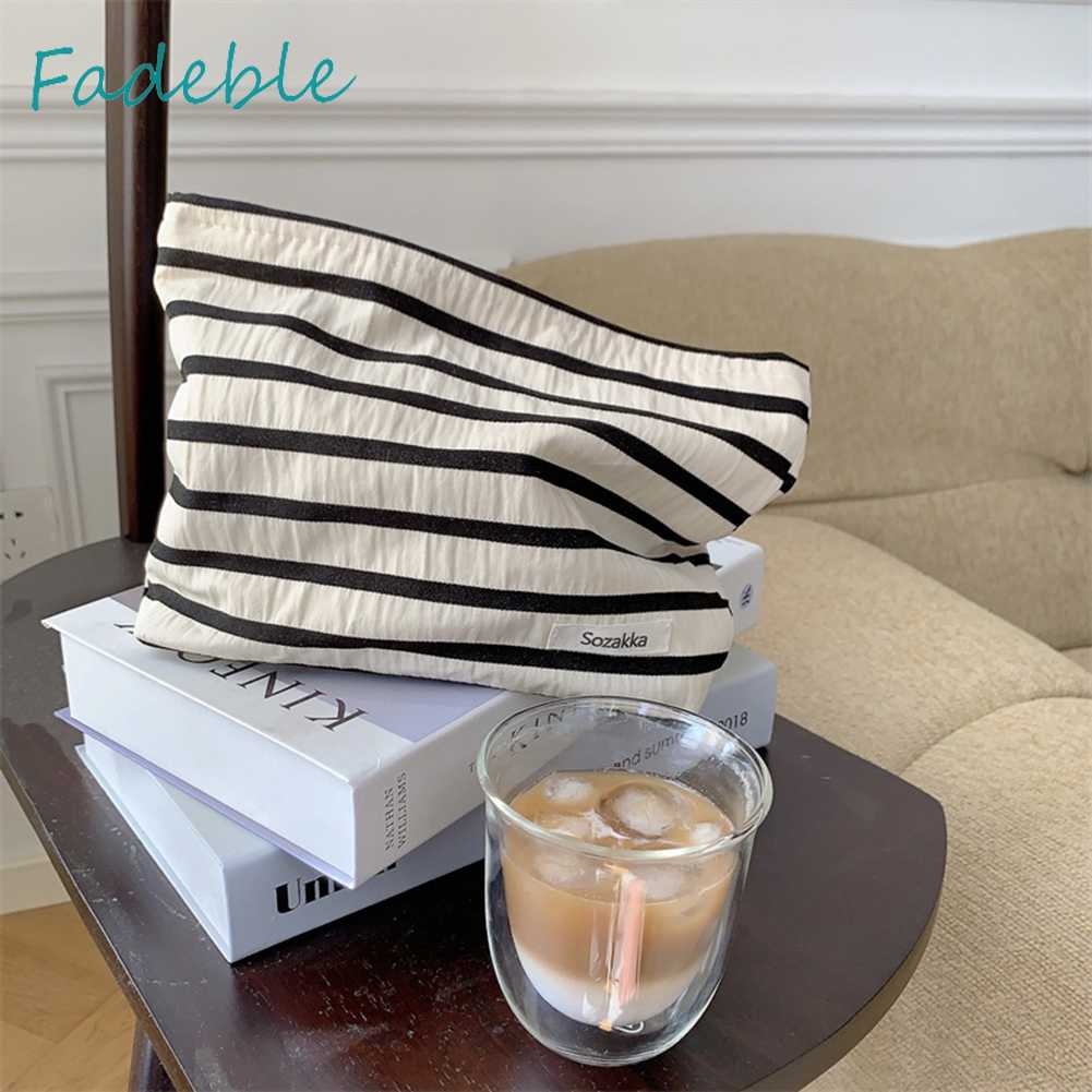 Túi Đựng Mỹ Phẩm Bằng Vải Canvas Họa Tiết Kẻ Sọc Sức Chứa Lớn Tiện Dụng Cho Nữ