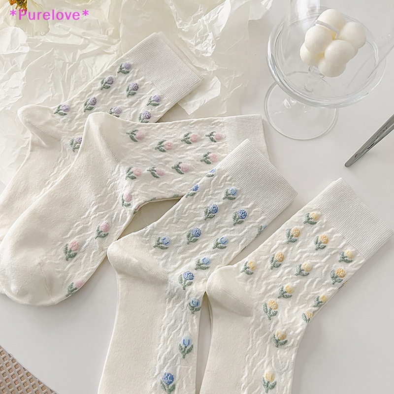 1 Đôi Tất Cotton Trắng In Hình Hoa Tulip Phong Cách Harajuku Nhật Bản Đáng Yêu Dành Cho Nữ Mới