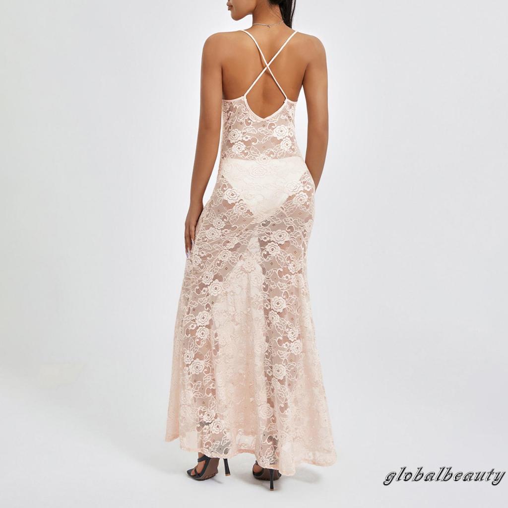 Đầm Dài Không Tay Phối Ren Thiết Kế Chéo Thời Trang Mùa Hè Cho Nữ