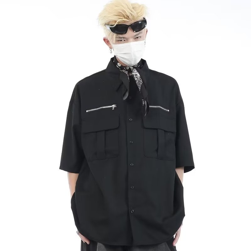 Áo Sơ Mi Ngắn Tay Dáng Rộng Phối Khóa Kéo Cá Tính Theo Phong Cách Đường Phố Mỹ Dành Cho Nam Và Nữ