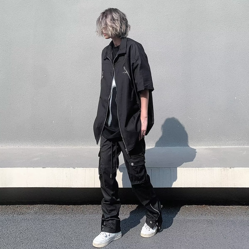 Áo Sơ Mi Tay Ngắn Màu Đen Có Khóa Kéo Dáng Rộng Phong Cách Đường Phố Mỹ Cá Tính Cho Nam