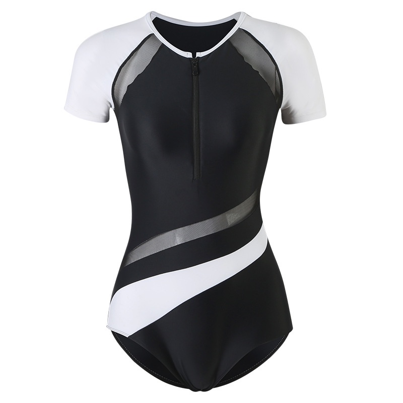 Đồ Bơi Một Mảnh Cổ Tròn Có Khóa Kéo Màu Tương Phản Phong Cách Mới Cho Nữ