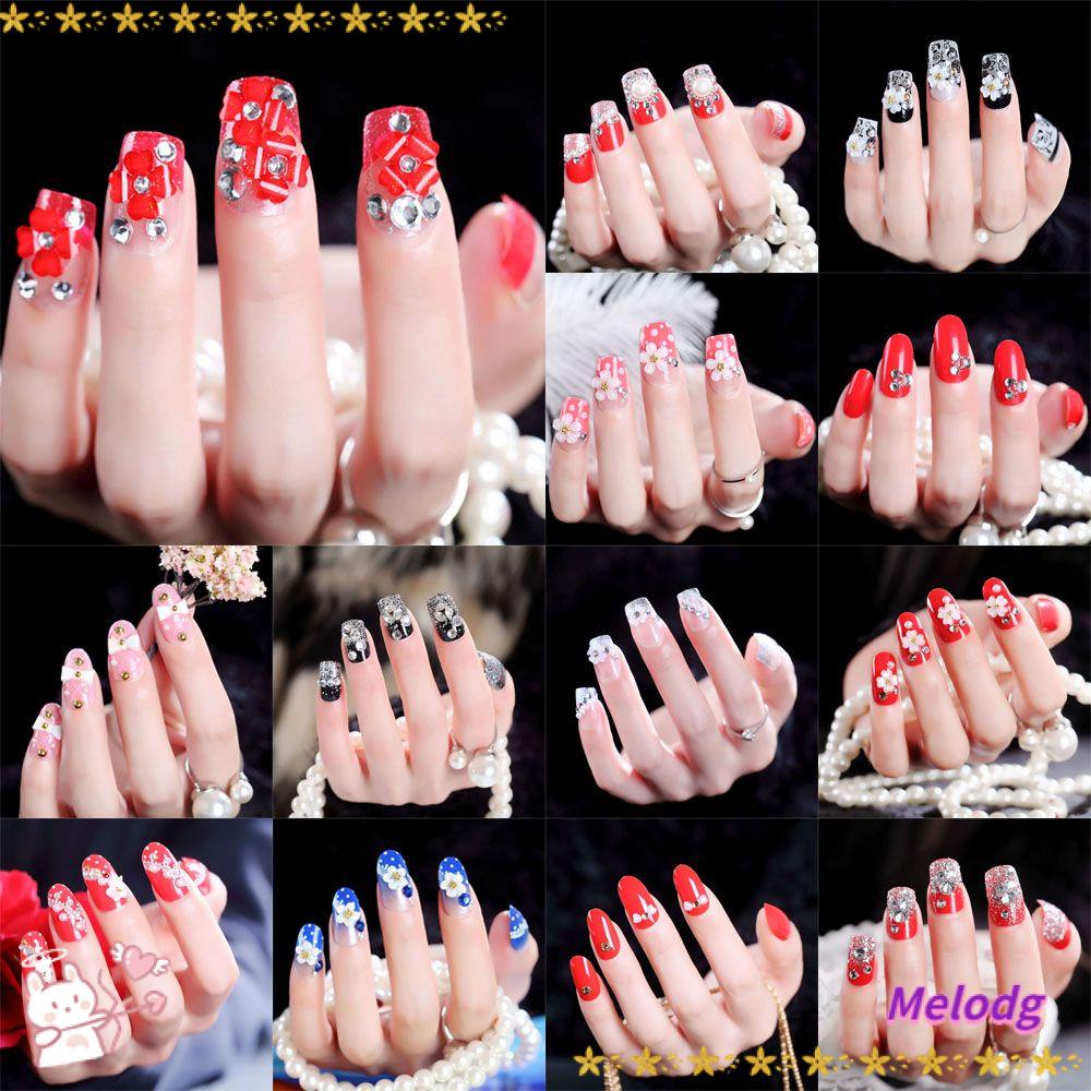 Set 24 Miếng Dán Móng Tay Dạng Nhấn Hình Hoa Cho Cô Dâu