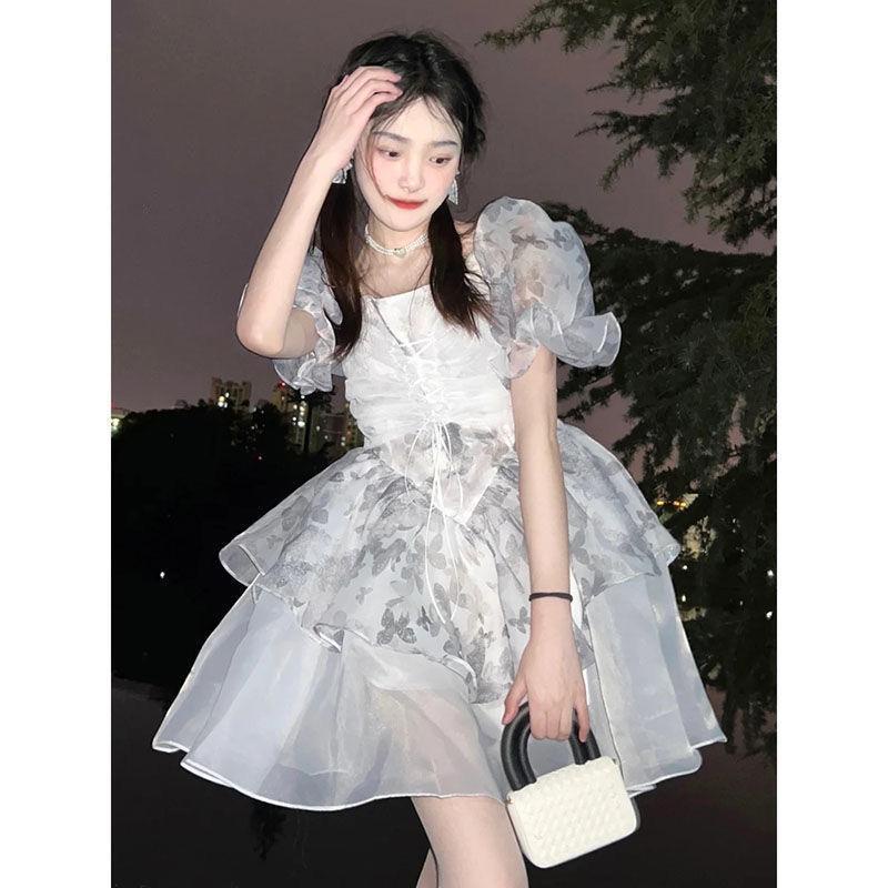 Đầm Công Chúa Tay Phồng Nhấn Eo Họa Tiết Hoa Thời Trang Mùa Hè Phong Cách Pháp Cho Nữ