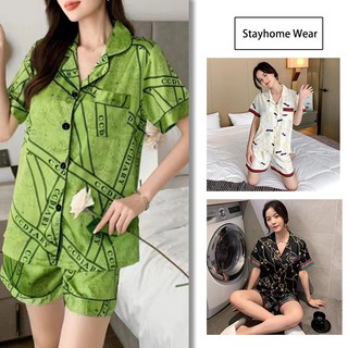 Bộ đồ ngủ vải lụa satin tay ngắn in họa tiết xinh xắn cho nữ