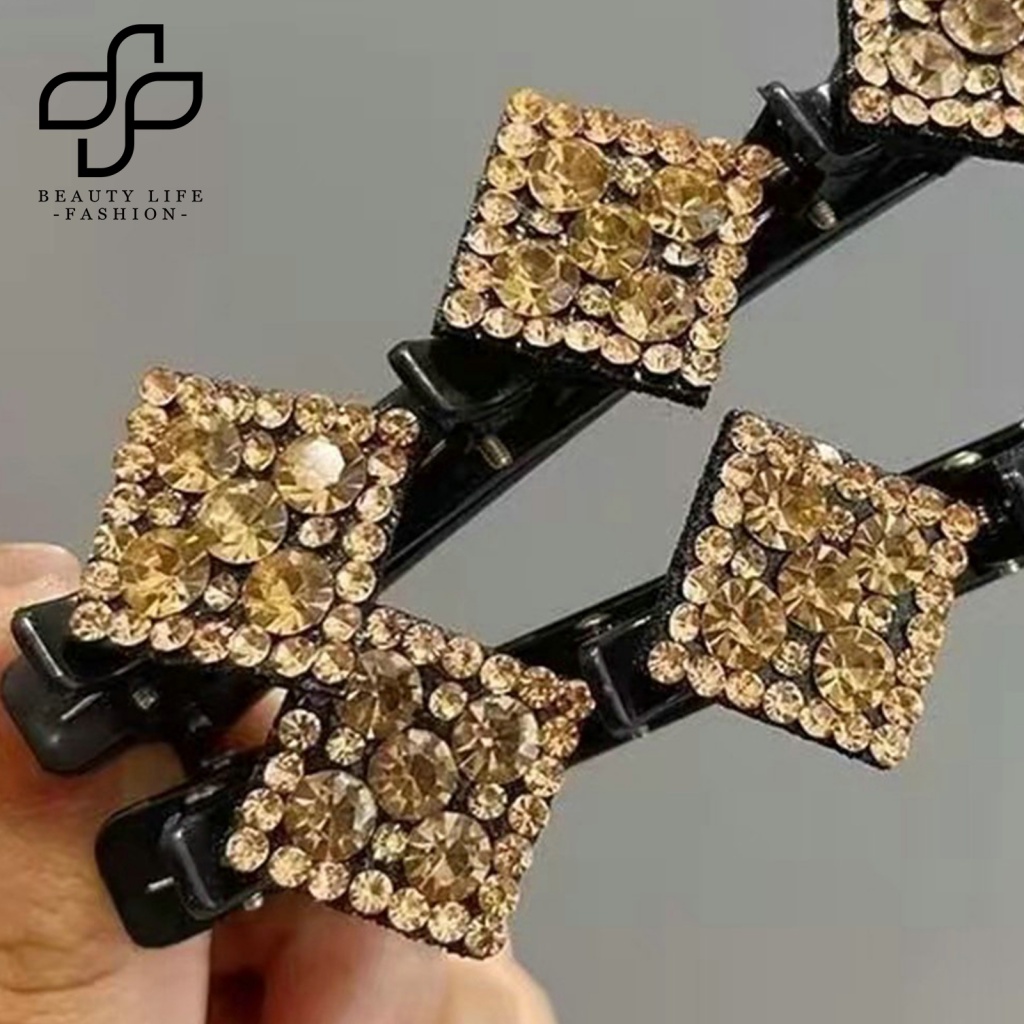 Kẹp Tóc Đính Đá Hình Vuông Bằng Nhựa Lấp Lánh Chống Rơi Thời Trang