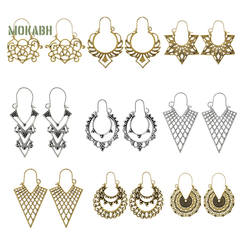 Khuyên Tai Dạng Vòng Rỗng Khắc Họa Tiết Hình Học Phong Cách Boho Cho Nữ