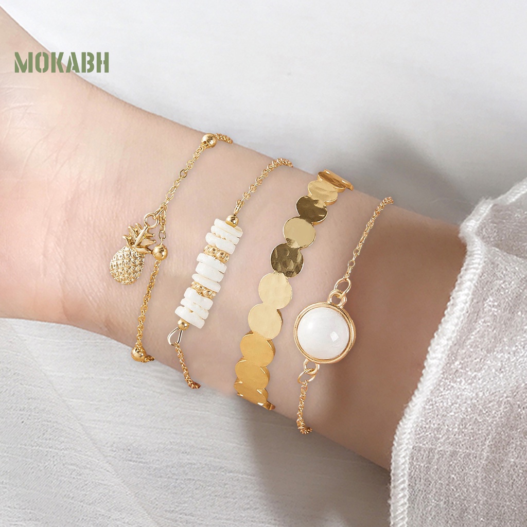 [Mok Abh] Bộ 4 Vòng Tay Hợp Kim Họa Tiết Hình Quả Dứa Phong Cách Bohemia