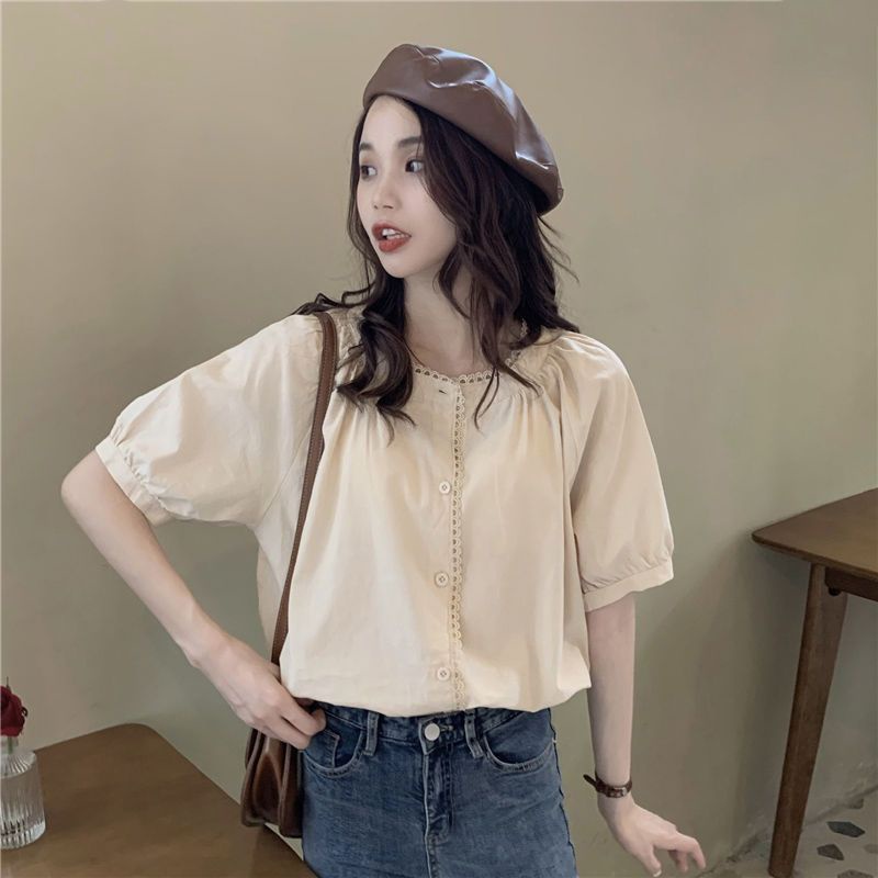 Áo Kiểu Mùa Hè Pháp Tay Cộc Cổ Tròn Dáng Rộng Thiết Kế Ngọt Ngào Dễ Phối Đồ Mẫu Mới 202