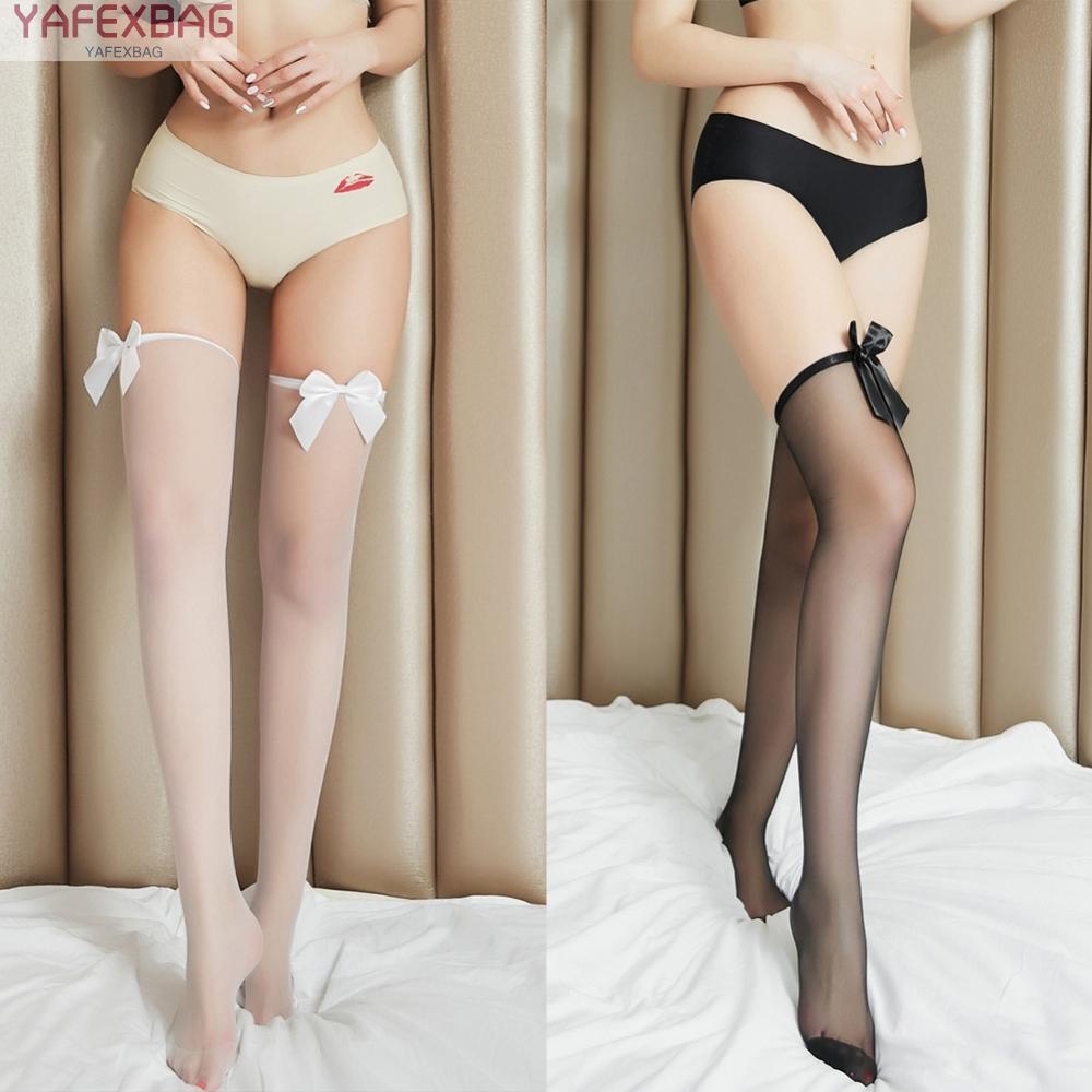 Women's Solid Color Long Bowtie Thigh High Stockings Over Knee Socks for Night Club
