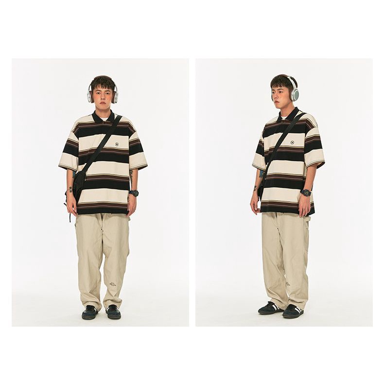 Áo Thun polo Ngắn Tay Form Rộng Họa Tiết Kẻ Sọc Màu Sắc Tương Phản Phong Cách Hong Kong Cho Nam